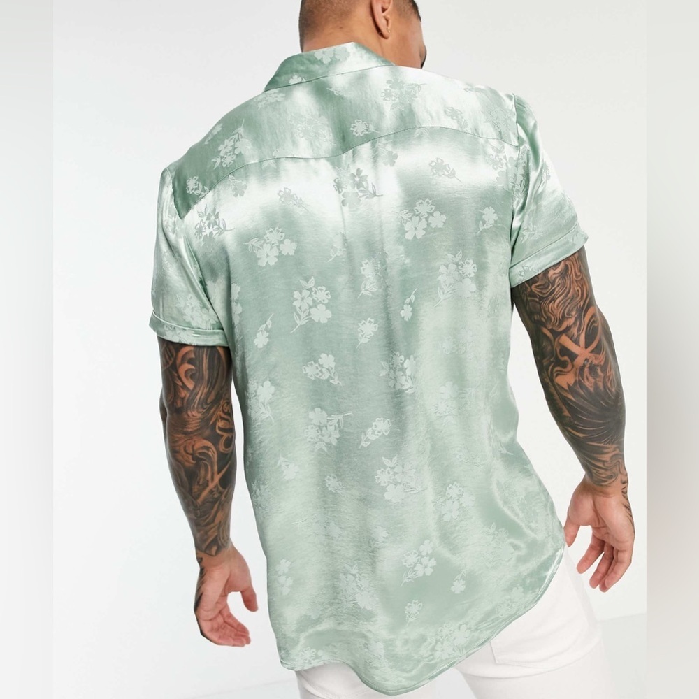 ASOS DESIGN button down shirt in mint green | satin jacquard | M | NEW - Picture 6 of 8